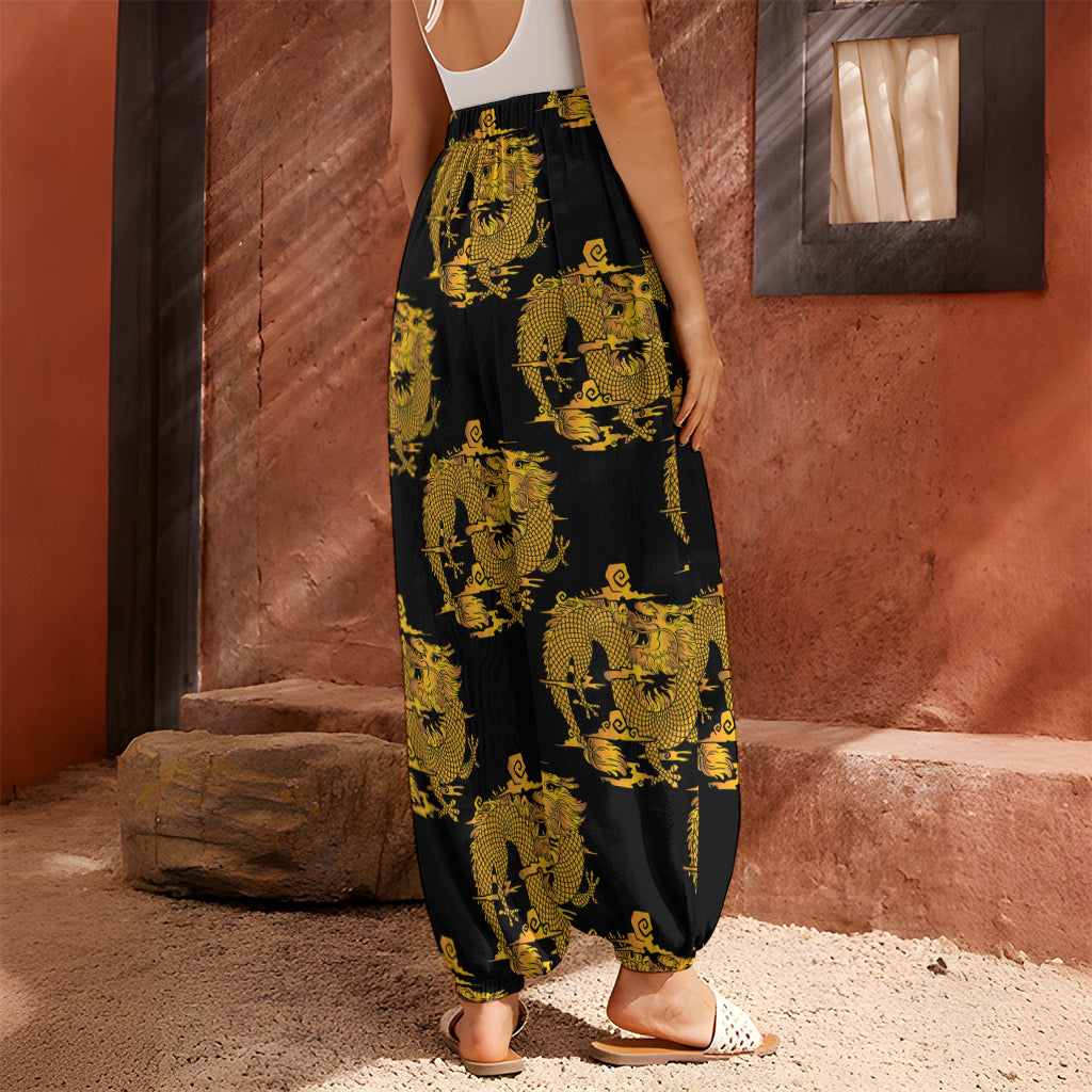 Black And Gold Dragon Pattern Print Harem Pants