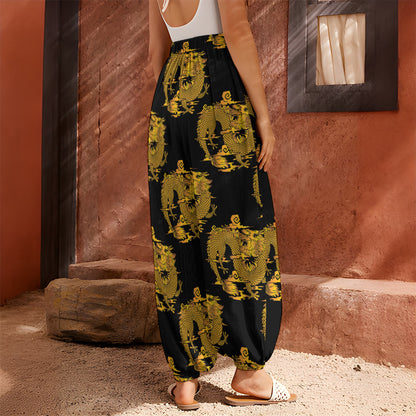Black And Gold Dragon Pattern Print Harem Pants