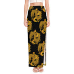 Black And Gold Dragon Pattern Print High Slit Maxi Skirt