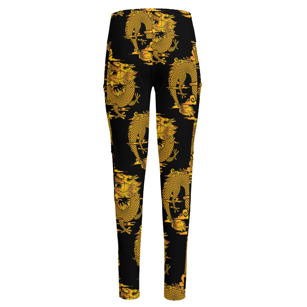 Black And Gold Dragon Pattern Print High-Waisted Pocket Leggings