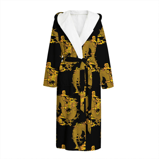 Black And Gold Dragon Pattern Print Hooded Bathrobe