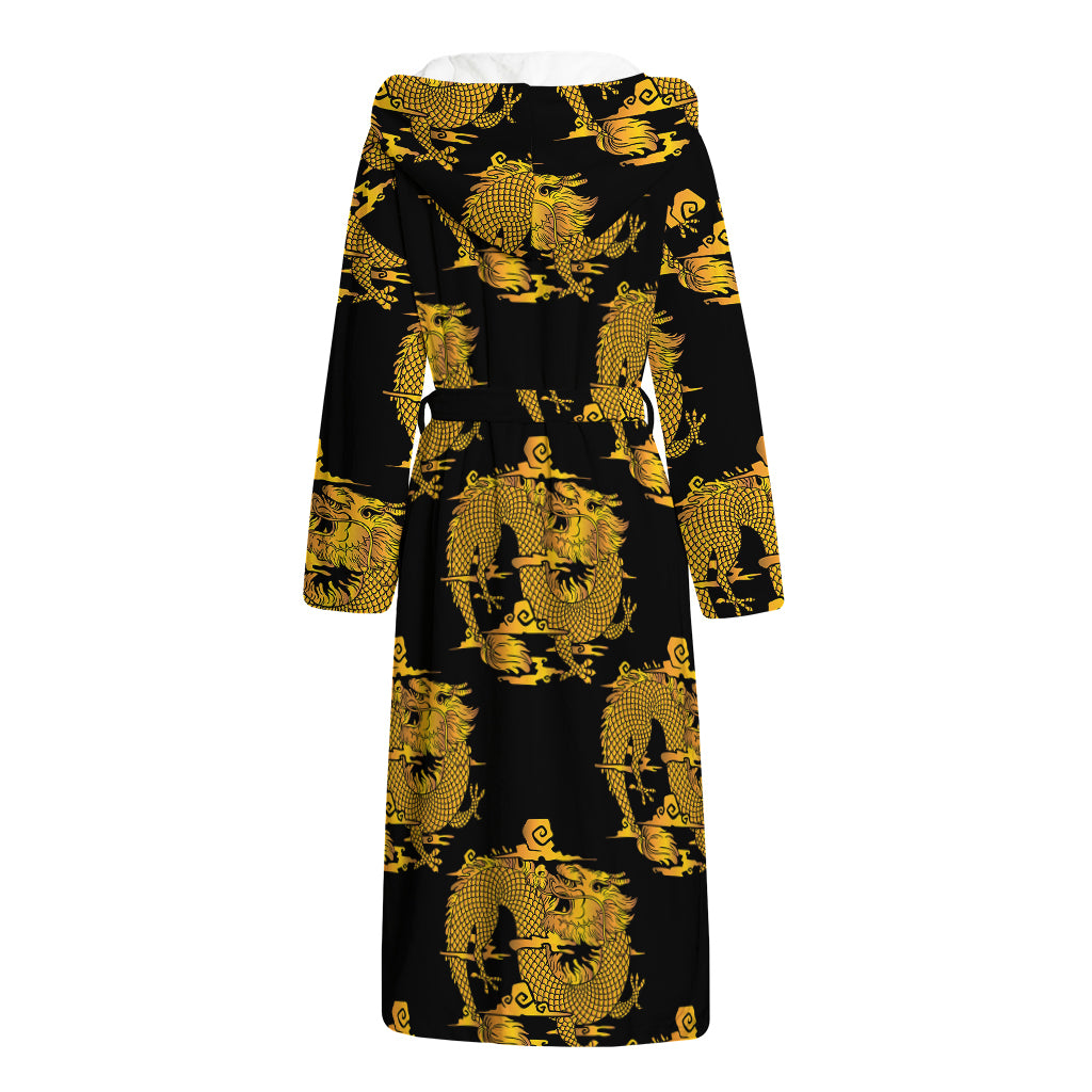 Black And Gold Dragon Pattern Print Hooded Bathrobe