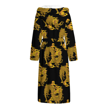 Black And Gold Dragon Pattern Print Hooded Bathrobe