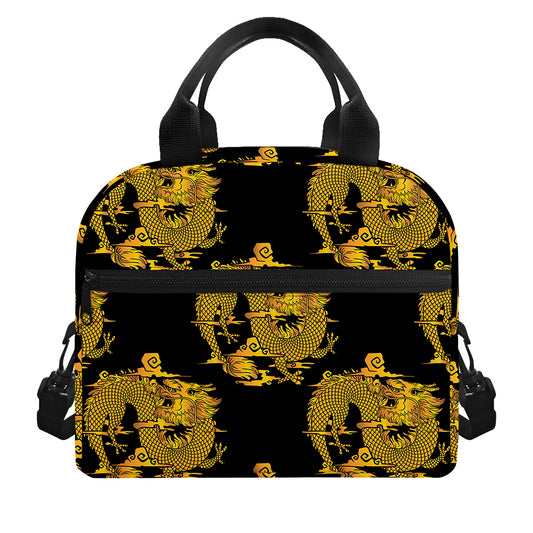 Black And Gold Dragon Pattern Print Insulated Lunch Bag