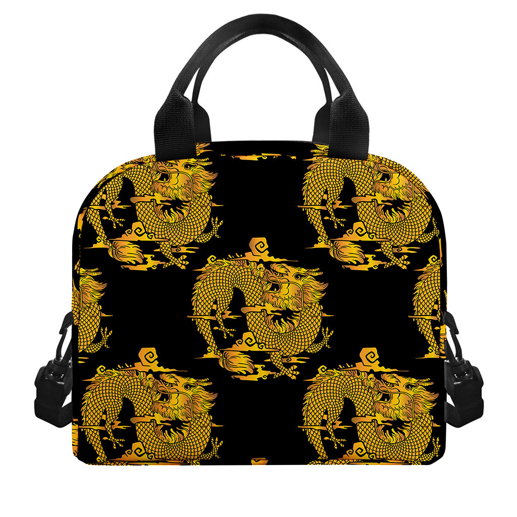 Black And Gold Dragon Pattern Print Insulated Lunch Bag