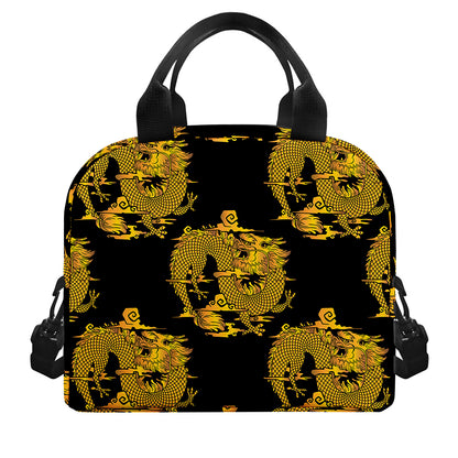 Black And Gold Dragon Pattern Print Insulated Lunch Bag