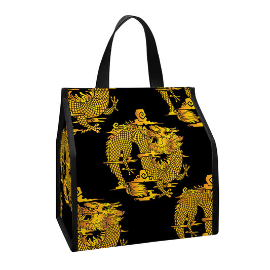 Black And Gold Dragon Pattern Print Insulated Lunch Tote