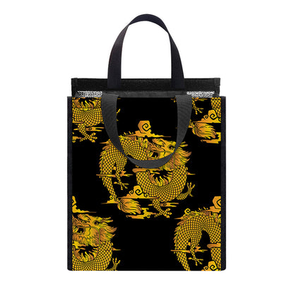 Black And Gold Dragon Pattern Print Insulated Lunch Tote