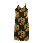 Black And Gold Dragon Pattern Print Jersey Midi Cami Dress