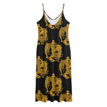 Black And Gold Dragon Pattern Print Jersey Midi Cami Dress