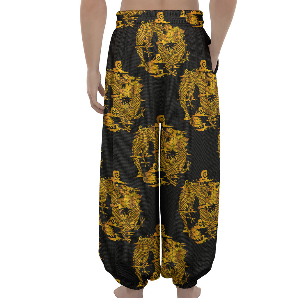 Black And Gold Dragon Pattern Print Lantern Pants