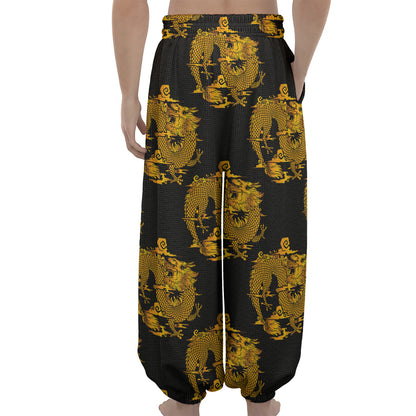 Black And Gold Dragon Pattern Print Lantern Pants