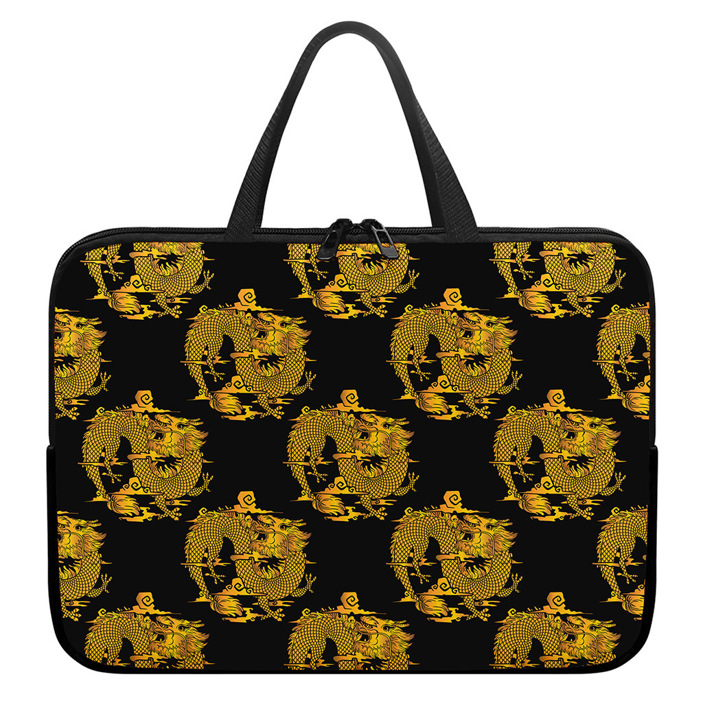 Black And Gold Dragon Pattern Print Laptop Sleeve With Handle