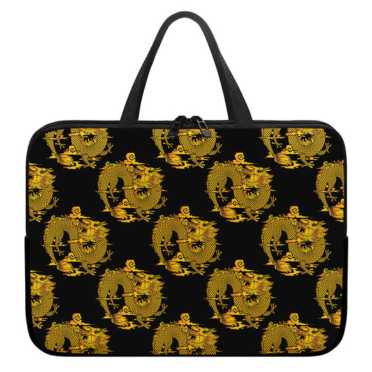 Black And Gold Dragon Pattern Print Laptop Sleeve With Handle