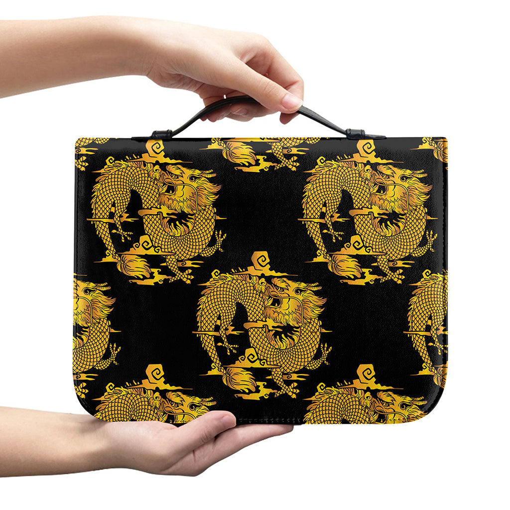 Black And Gold Dragon Pattern Print Leather Bible Cover
