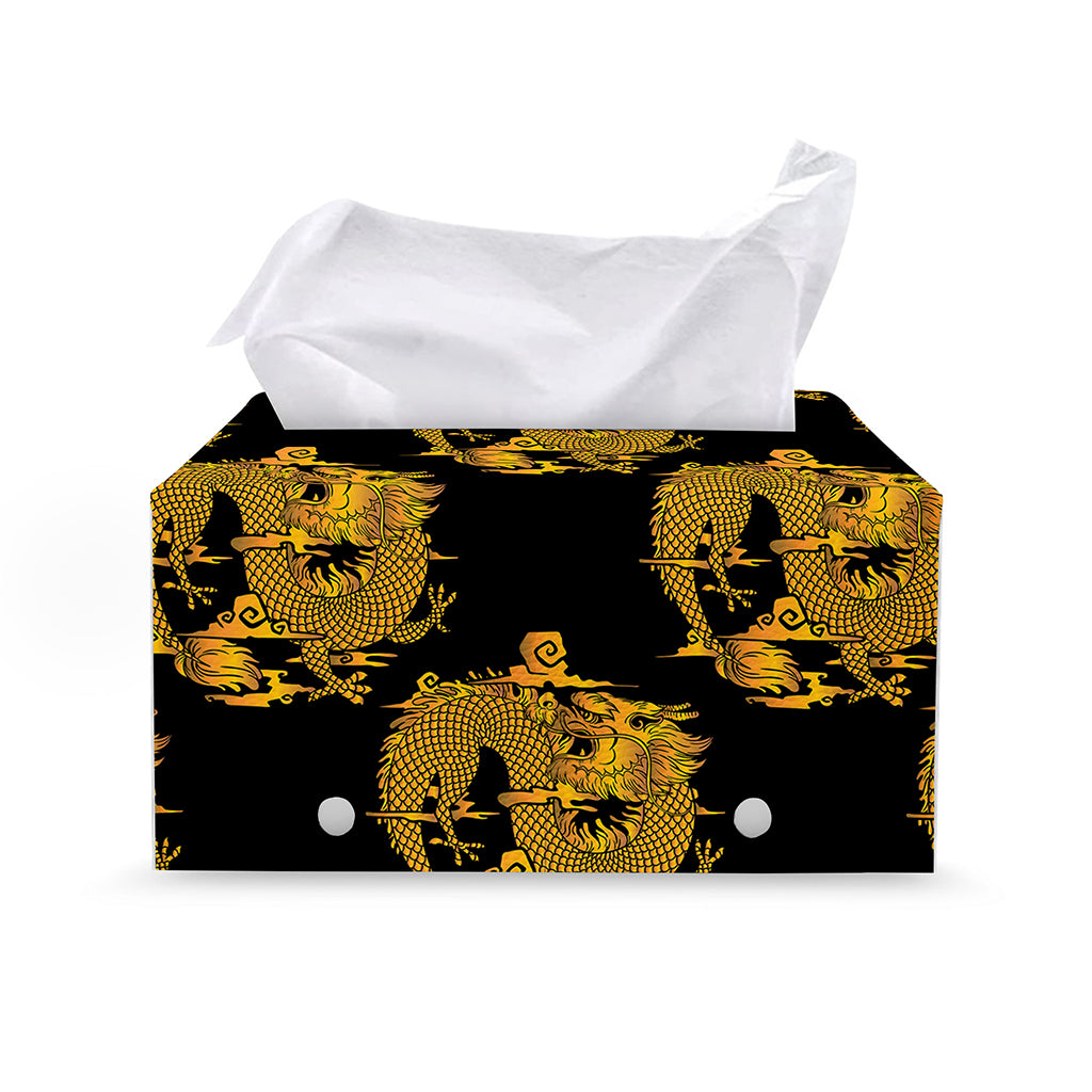 Black And Gold Dragon Pattern Print Leather Tissue Box Cover