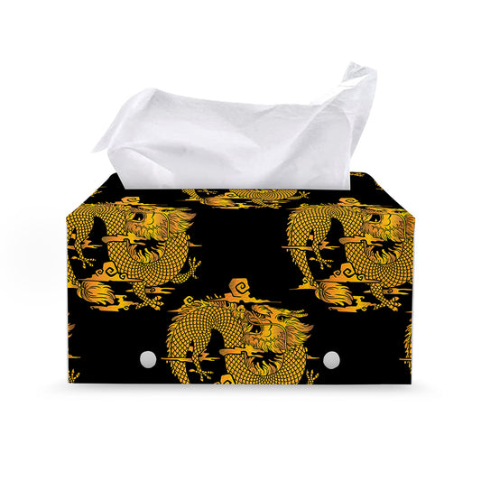 Black And Gold Dragon Pattern Print Leather Tissue Box Cover