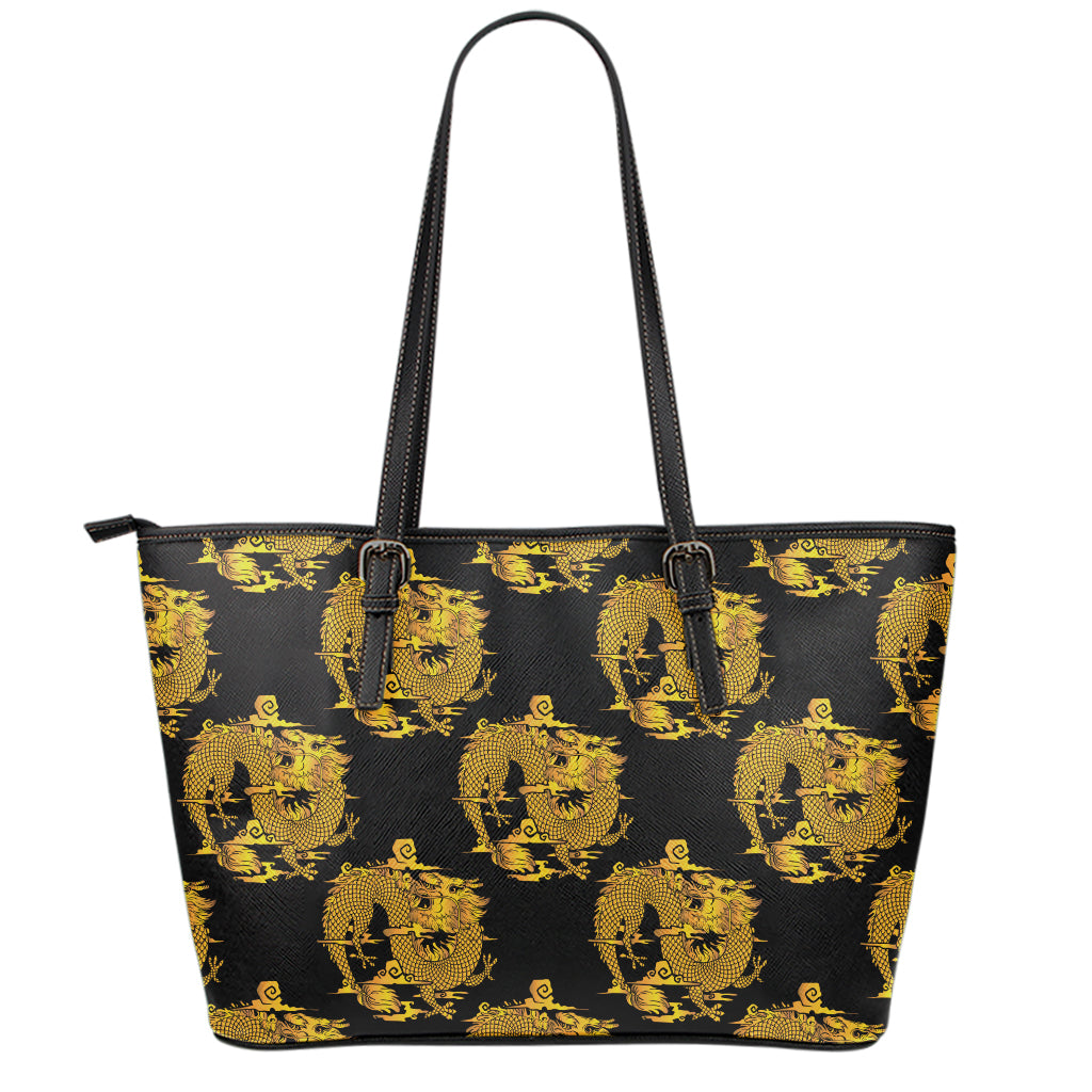 Black And Gold Dragon Pattern Print Leather Tote Bag