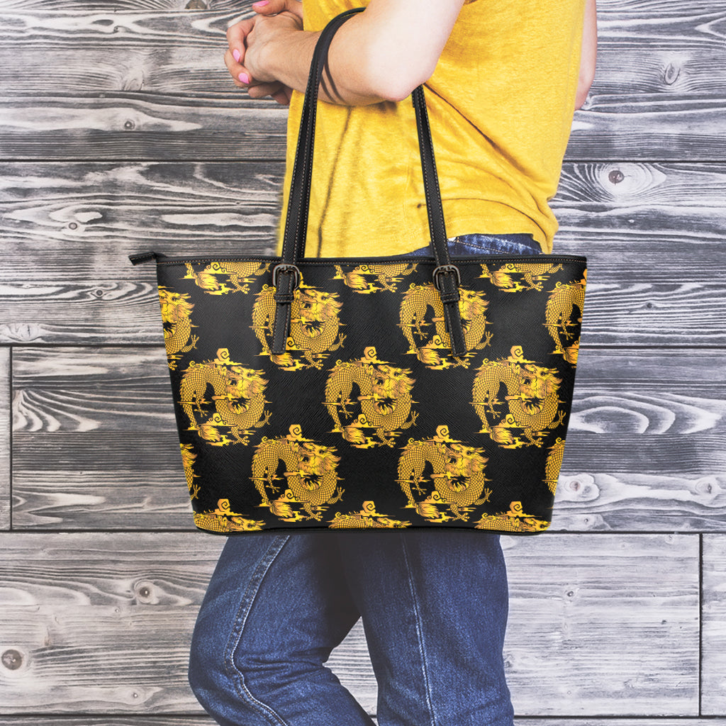 Black And Gold Dragon Pattern Print Leather Tote Bag