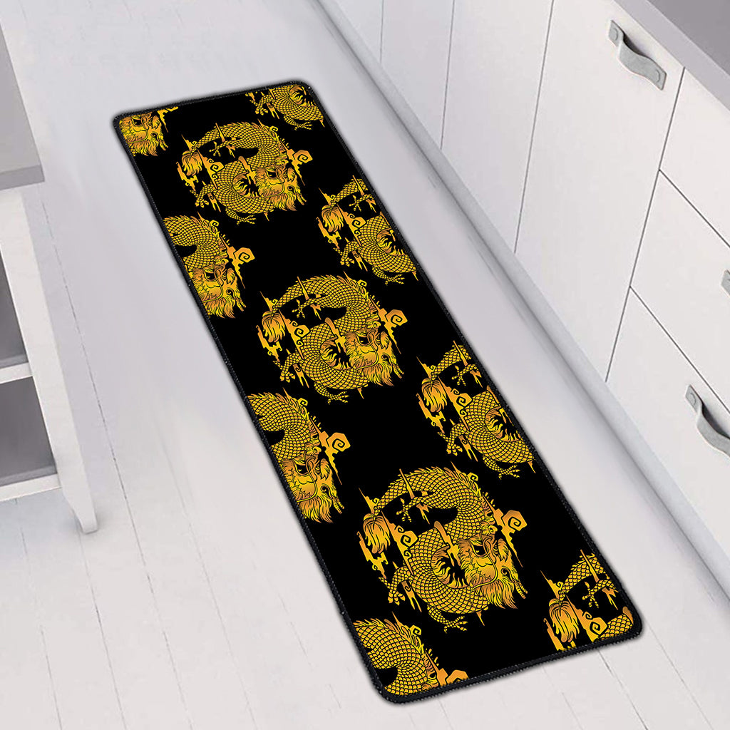 Black And Gold Dragon Pattern Print Long Kitchen Mat