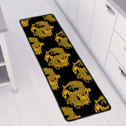 Black And Gold Dragon Pattern Print Long Kitchen Mat