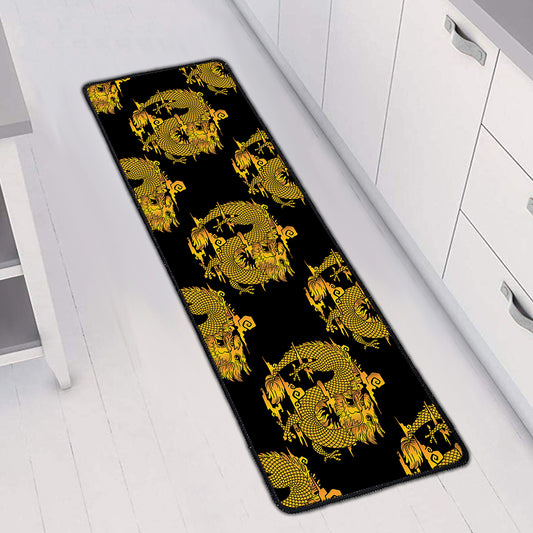 Black And Gold Dragon Pattern Print Long Kitchen Mat