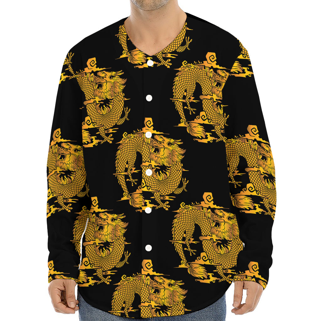 Black And Gold Dragon Pattern Print Long Sleeve Baseball Jersey