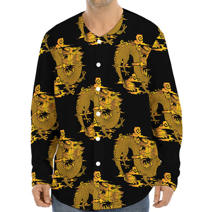 Black And Gold Dragon Pattern Print Long Sleeve Baseball Jersey