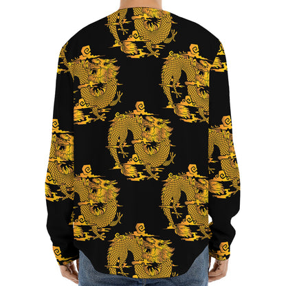 Black And Gold Dragon Pattern Print Long Sleeve Baseball Jersey