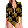 Black And Gold Dragon Pattern Print Long Sleeve Swimsuit