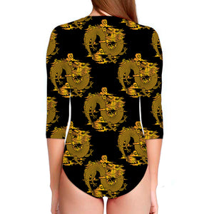 Black And Gold Dragon Pattern Print Long Sleeve Swimsuit