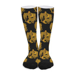 Black And Gold Dragon Pattern Print Long Socks