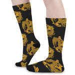 Black And Gold Dragon Pattern Print Long Socks