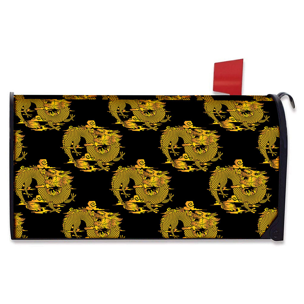 Black And Gold Dragon Pattern Print Mailbox Cover