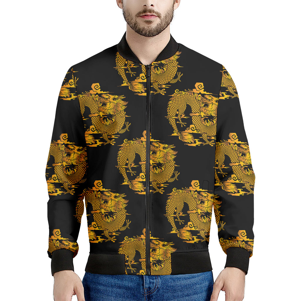 Black And Gold Dragon Pattern Print Men's Bomber Jacket