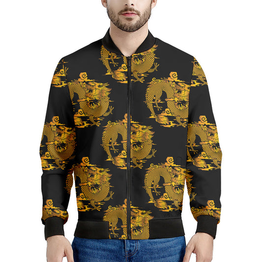 Black And Gold Dragon Pattern Print Men's Bomber Jacket