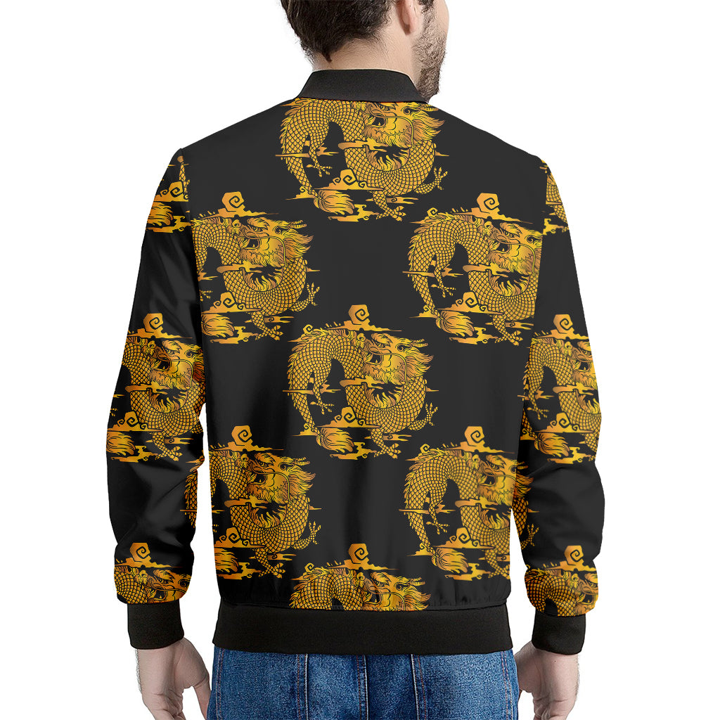 Black And Gold Dragon Pattern Print Men's Bomber Jacket