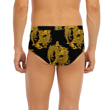 Black And Gold Dragon Pattern Print Men's Briefs