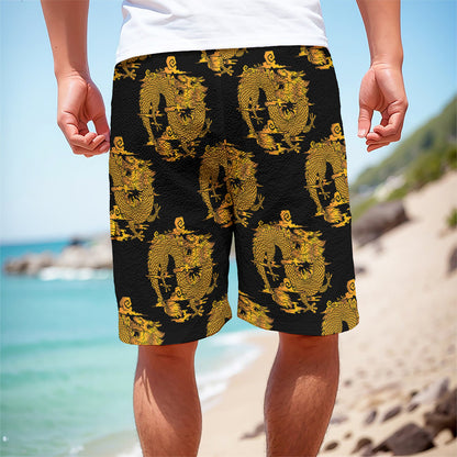 Black And Gold Dragon Pattern Print Men's Cargo Shorts