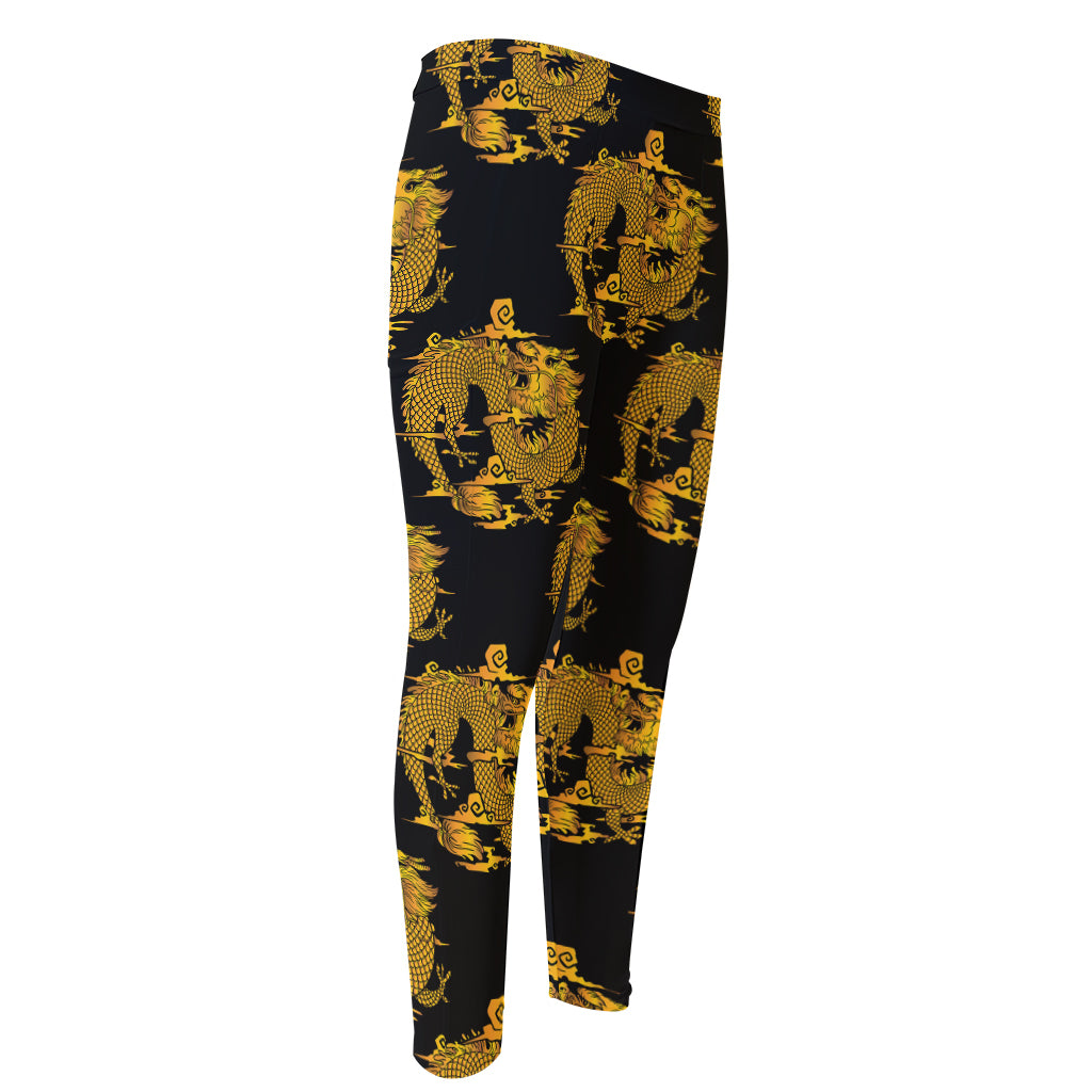 Black And Gold Dragon Pattern Print Men's Compression Pants
