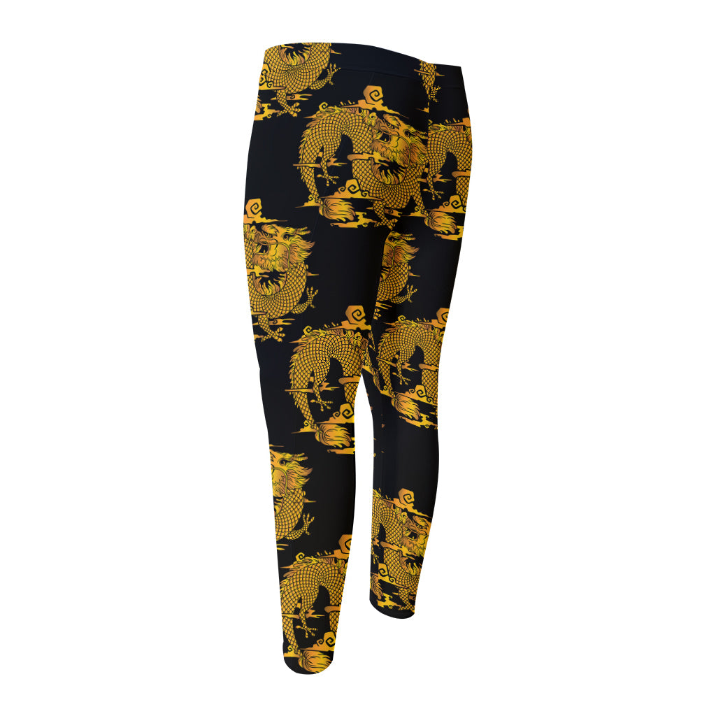 Black And Gold Dragon Pattern Print Men's Compression Pants