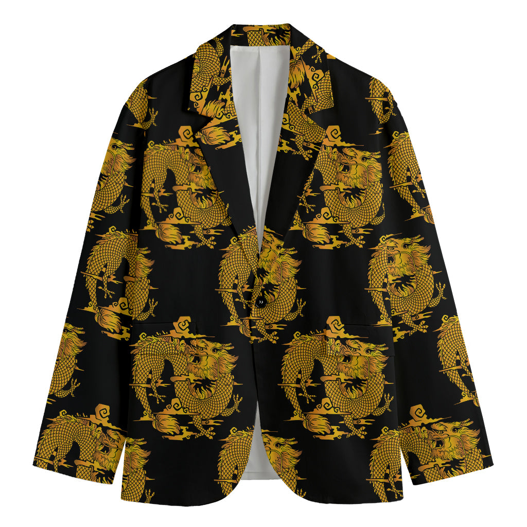 Black And Gold Dragon Pattern Print Men's Cotton Blazer