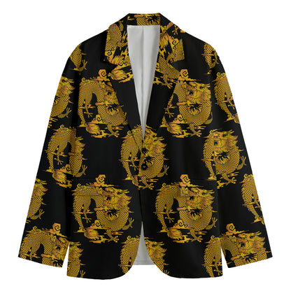 Black And Gold Dragon Pattern Print Men's Cotton Blazer