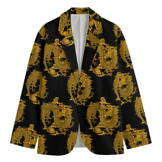Black And Gold Dragon Pattern Print Men's Cotton Blazer