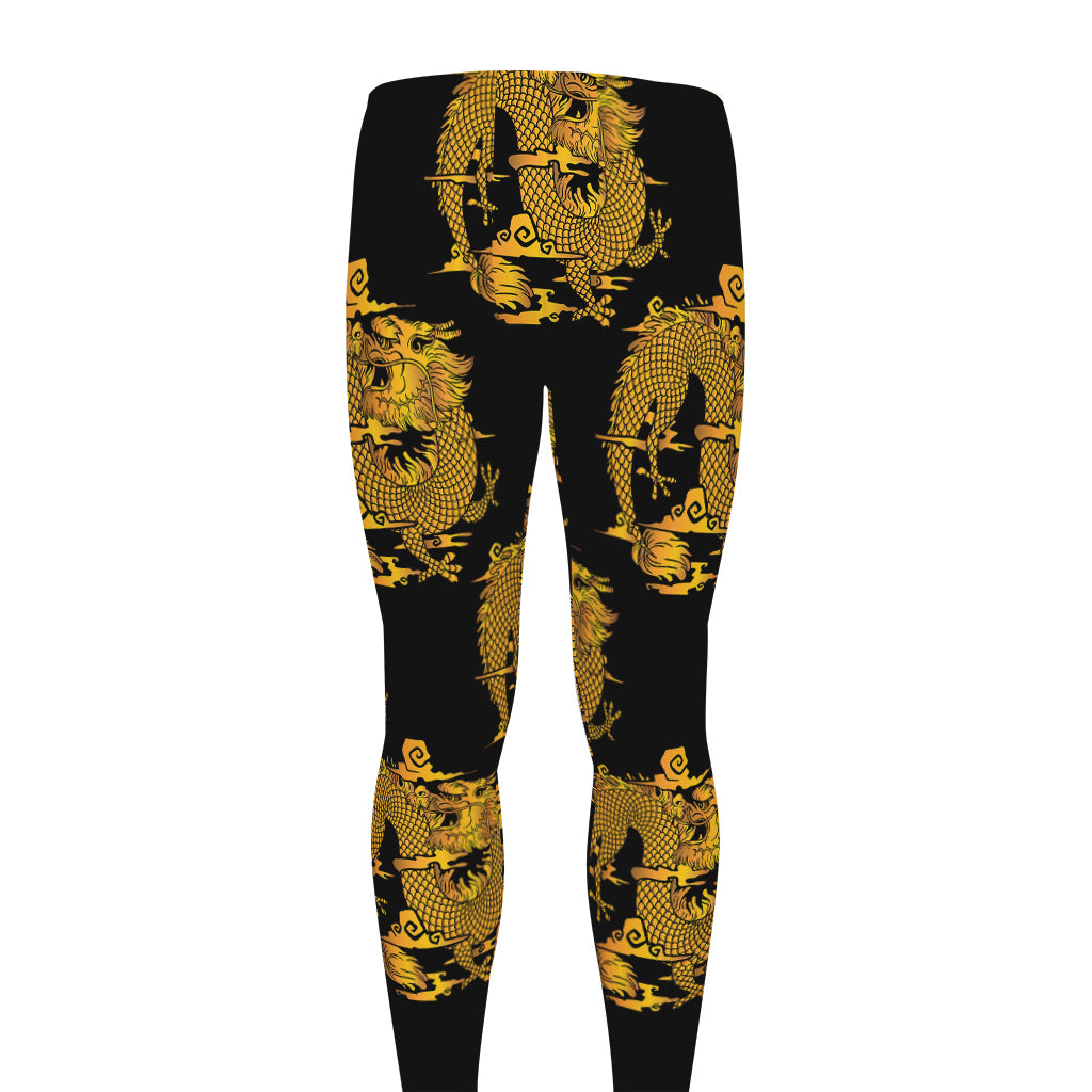 Black And Gold Dragon Pattern Print Men's leggings