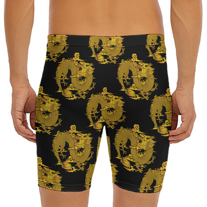 Black And Gold Dragon Pattern Print Men's Long Boxer Briefs