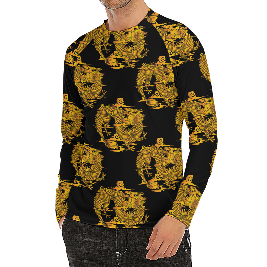 Black And Gold Dragon Pattern Print Men's Long Sleeve Rash Guard