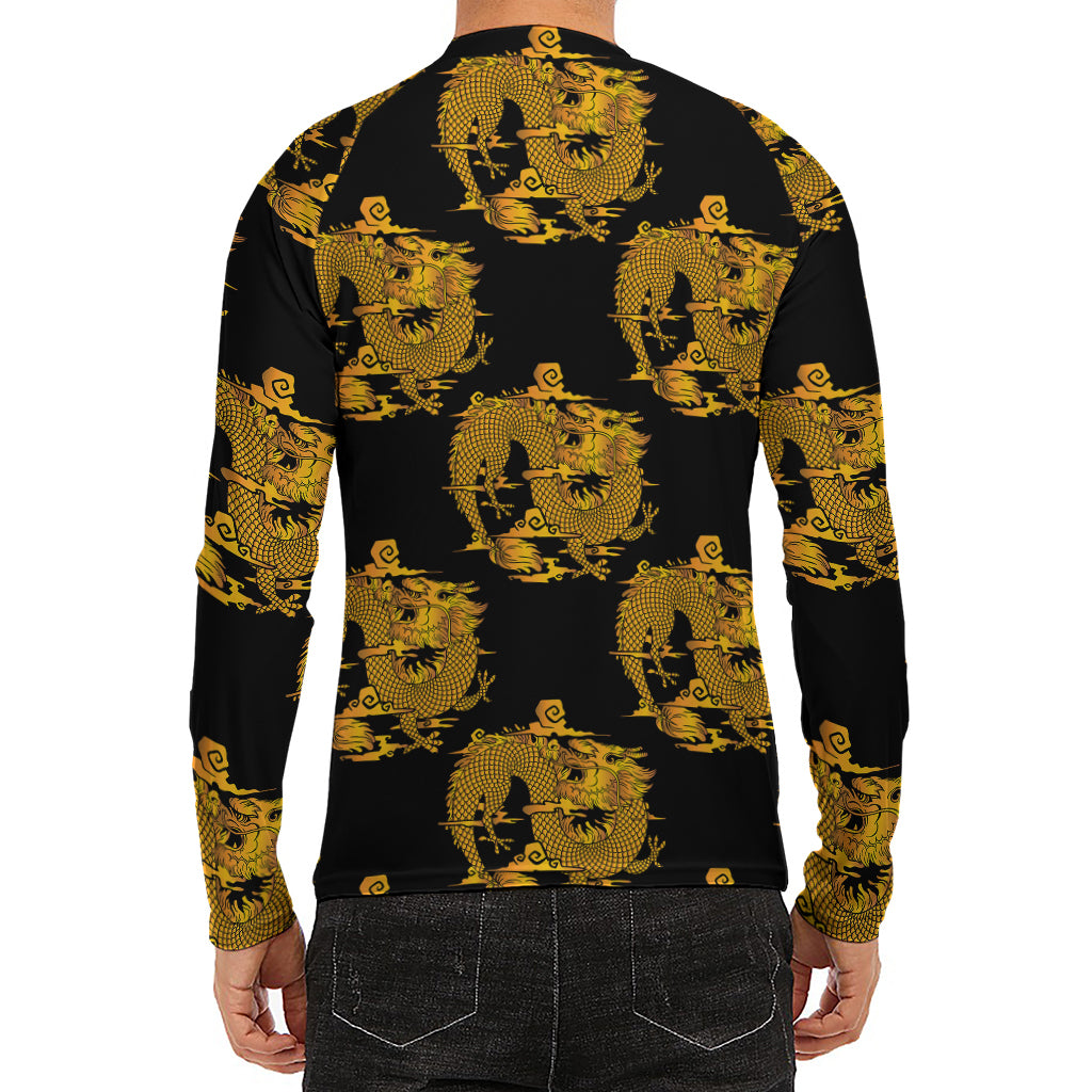 Black And Gold Dragon Pattern Print Men's Long Sleeve Rash Guard
