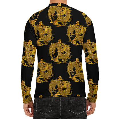 Black And Gold Dragon Pattern Print Men's Long Sleeve Rash Guard