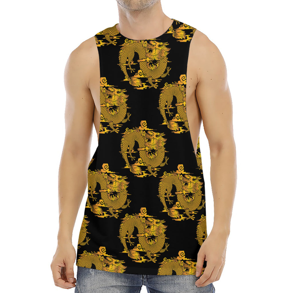 Black And Gold Dragon Pattern Print Men's Muscle Tank Top